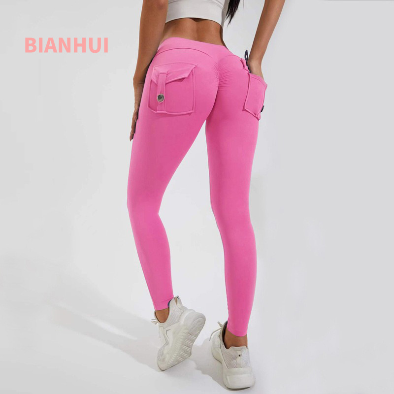 High Waist Leggings - BIANHUI Legginsy Fitness Damskie Kieszeń Brzoskwiniowe